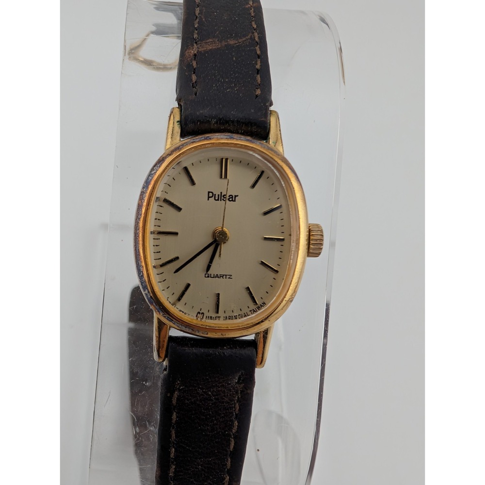Vintage Pulsar Watch Women 18mm‎ Gold Case Leather Band Y481-6640 New Battery